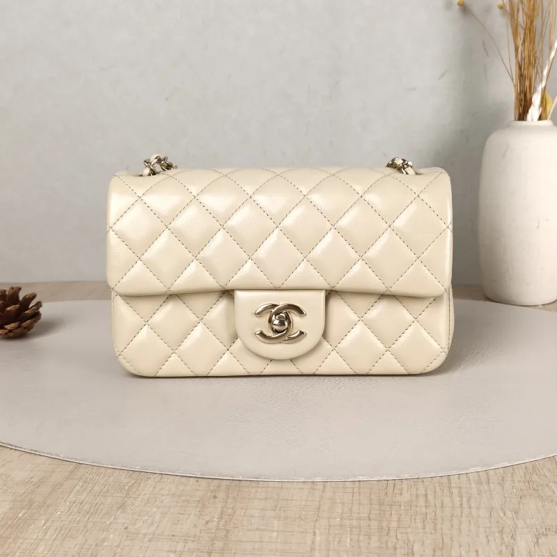 Chanel Crossbody Bag Classic Flap Large Mini CF Mini Beige Lambskin mini 20 × 6 × 12 cm