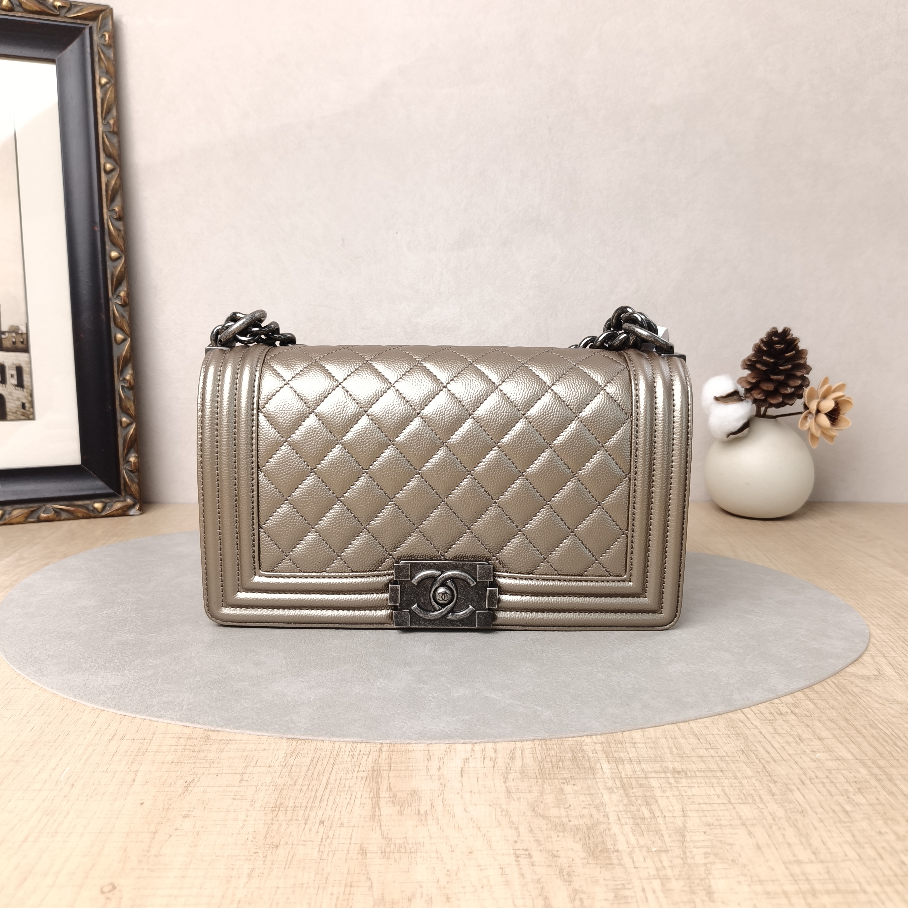 Chanel Crossbody Bag Le Boy​ Gold Grained Calfskin Medium 25 × 9 × 15 cm