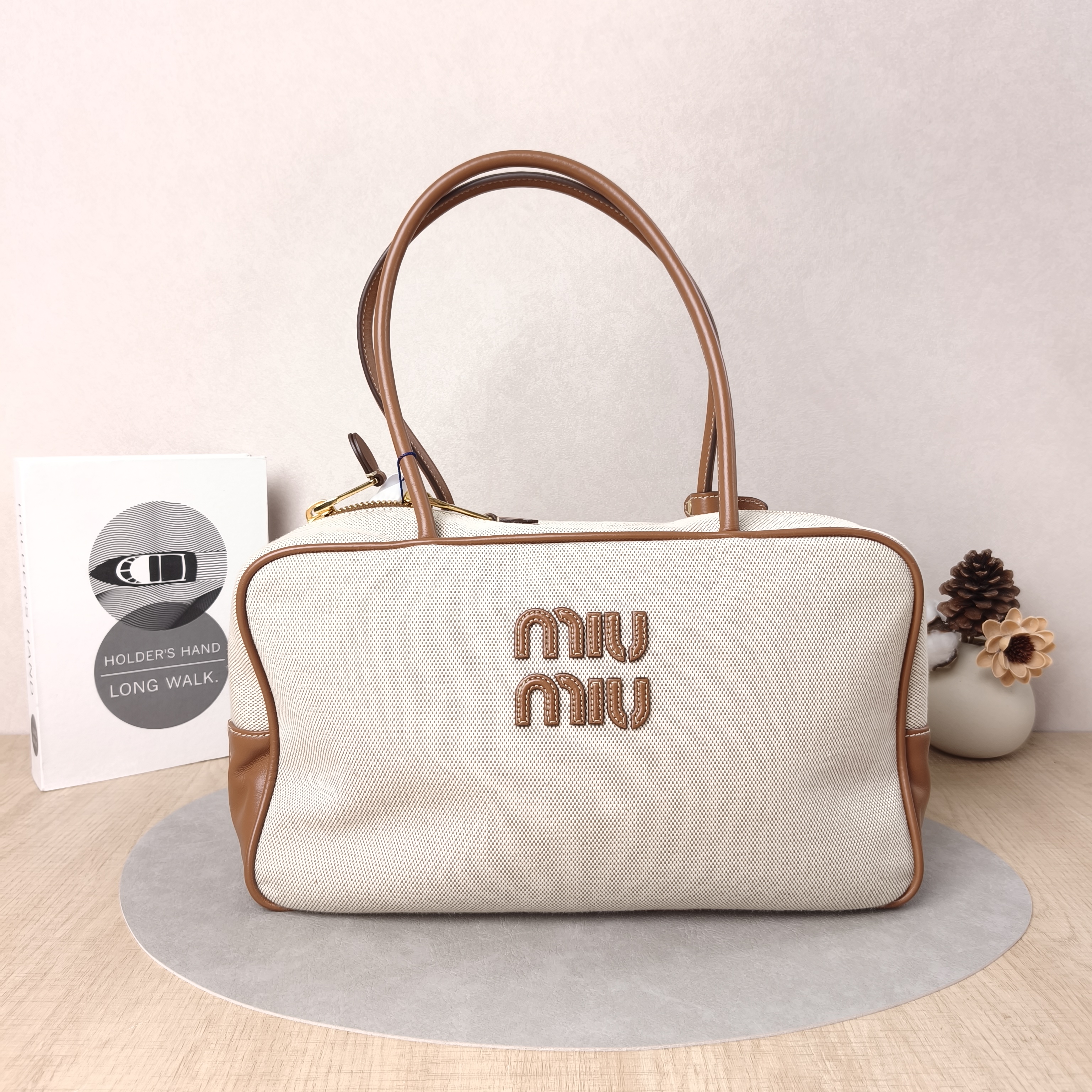 Miumiu Top Handle Bag Beau Brown Canvas · Calfskin Large34 × 10 × 20 cm