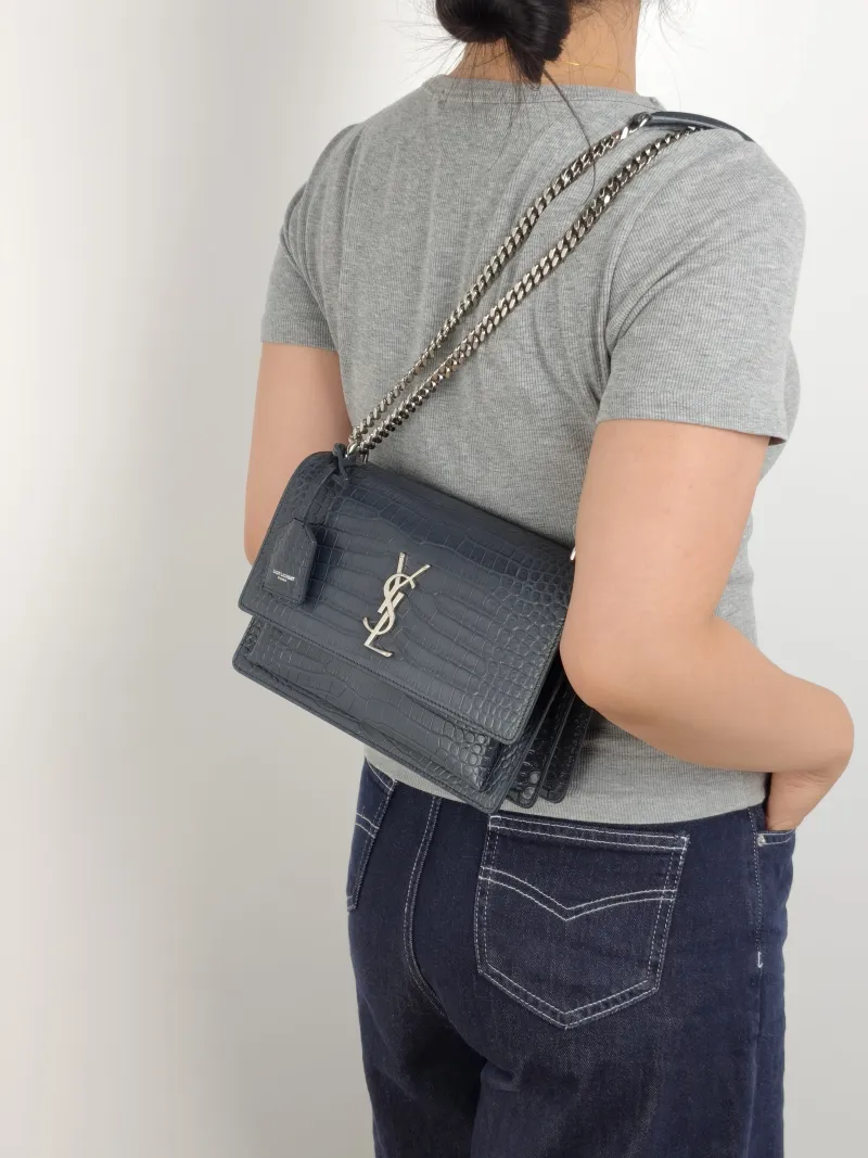 SAINT LAURENT Crossbody Bag SUNSET Grey Calfskin Medium 22 × 6.5 × 16 cm — on-model view 2 of 2