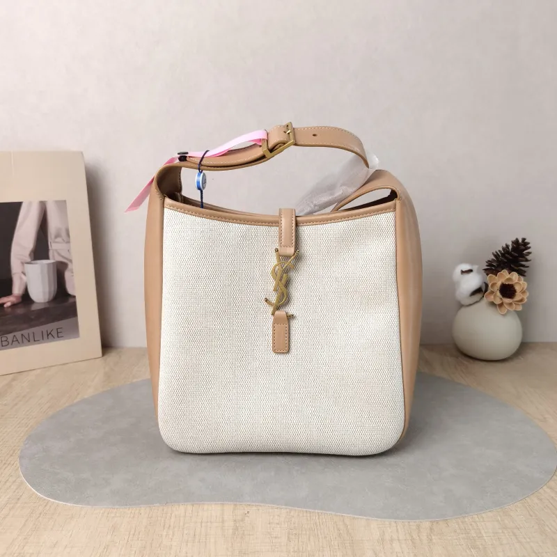 SAINT LAURENT Crossbody Bag LE 5 À 7 Hobo Inner Pouch Beige Brown Canvas Small 22.5 × 8.5 × 23 cm