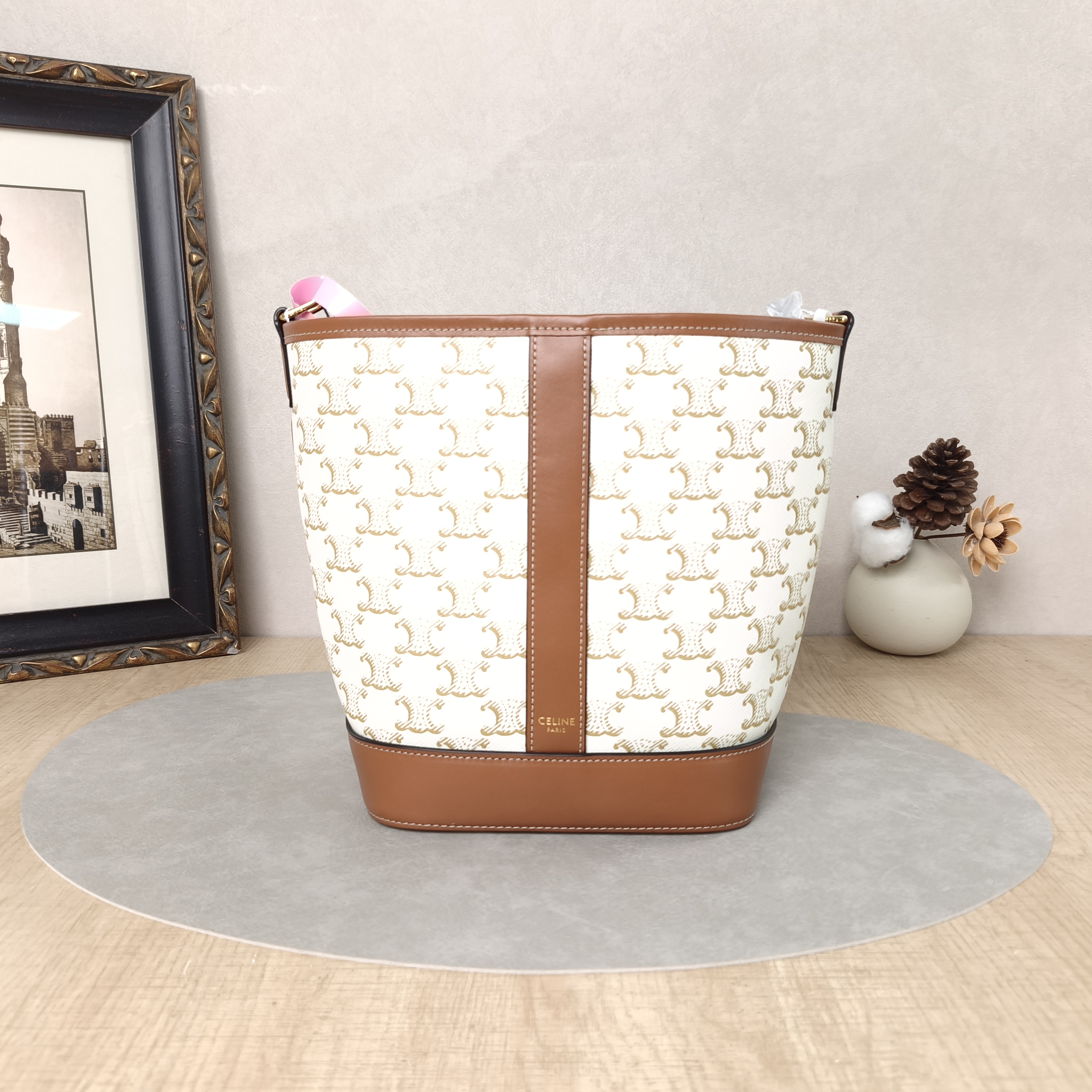 CELINE Crossbody Bag Triomphe Bucket Bag White PVC Small22 × 13 × 26 cm