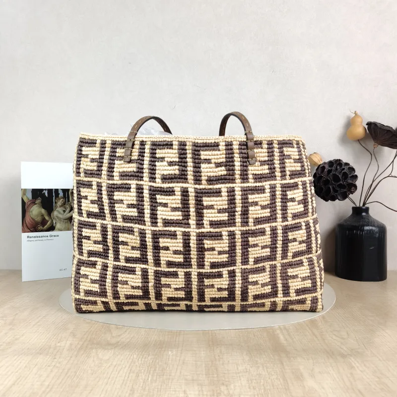 FENDI Top Handle Bag Top Handle Bag Brown Woven One Size 39 × 12 × 28 cm — cover view 5 of 5