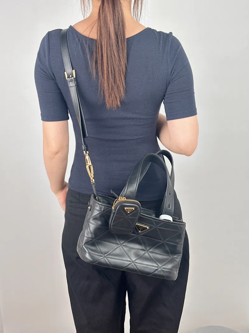 PRADA Top Handle Bag Tote Bag Black Calfskin One Size 29 × 15 × 17 cm — on-model view 2 of 2