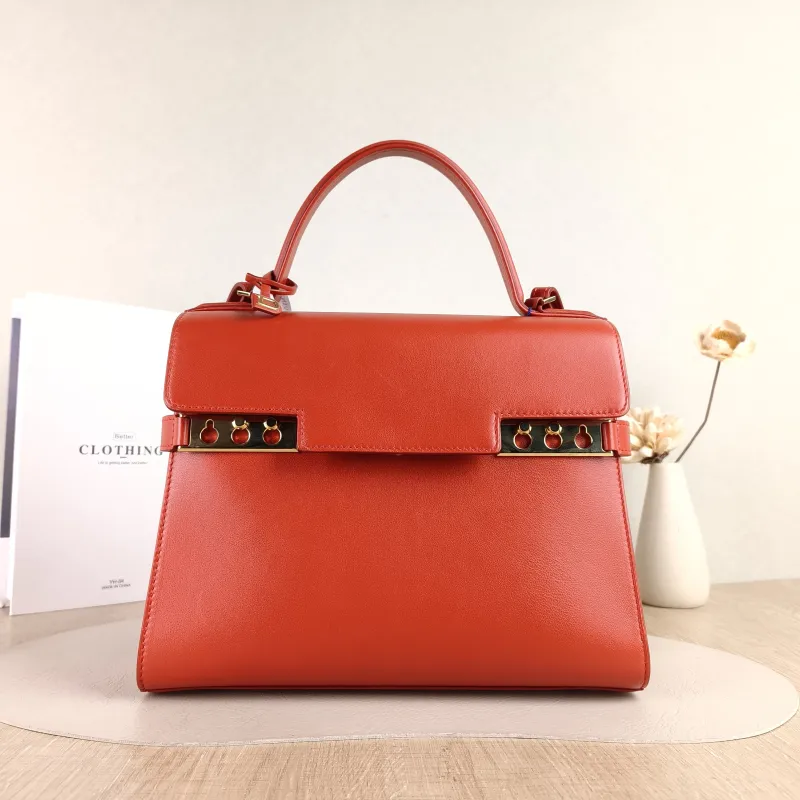 DELVAUX Crossbody Bag Tempete Top Handle Bag Red Calfskin Medium 27.5 × 9 × 23 cm