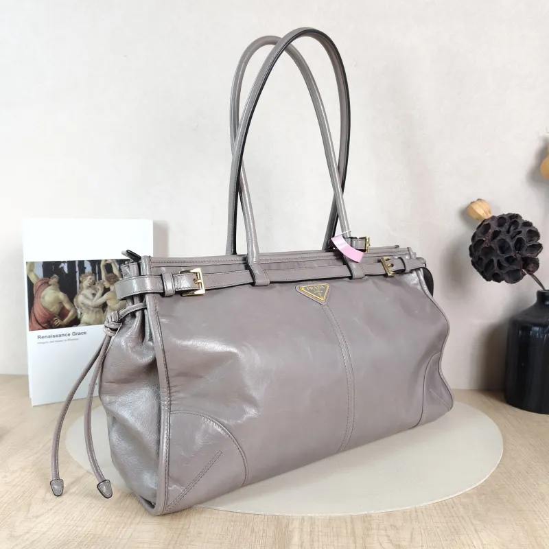 PRADA Shoulder Bag Bonnie Soft Lux Grey Waxed Leather Large 38 × 12 × 24 cm — cover view 6 of 6