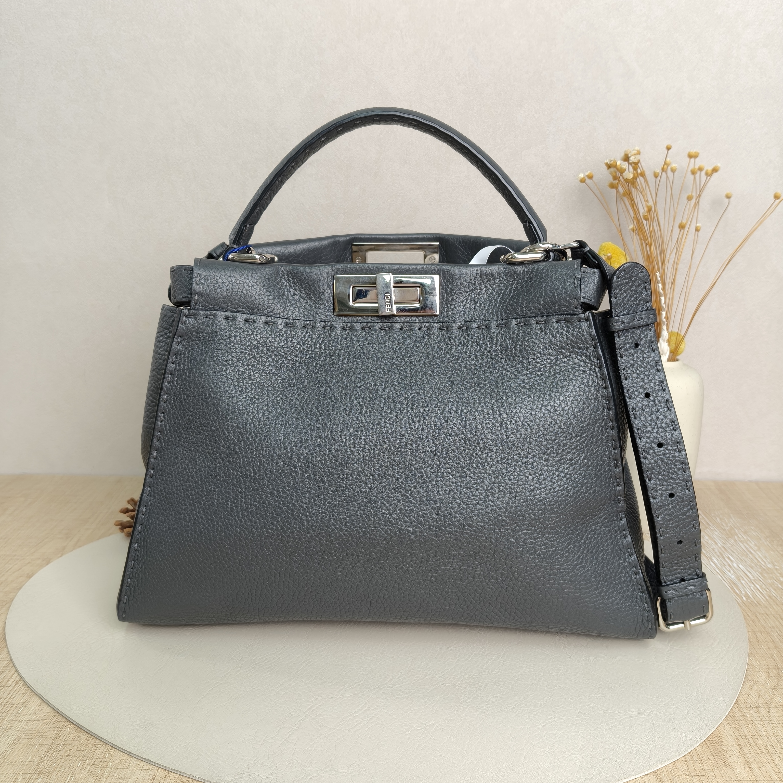 FENDI peekaboo Shoulder Bag Grey Calfskin · Shoulder Strap · 34 × 13 × 26 cm