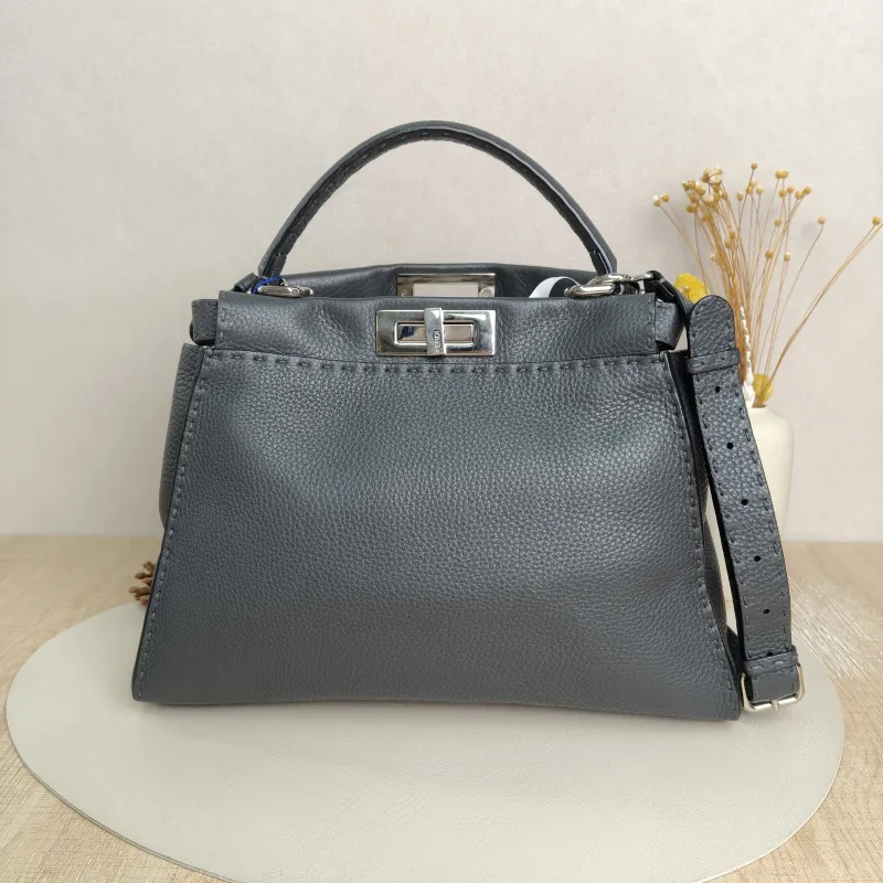 FENDI peekaboo Shoulder Bag Grey Calfskin · Shoulder Strap · 34 × 13 × 26 cm