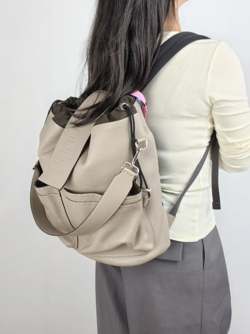 FENDI Backpack Backpack Grey Calfskin One Size 30 × 16 × 40 cm — on-model view 1 of 3