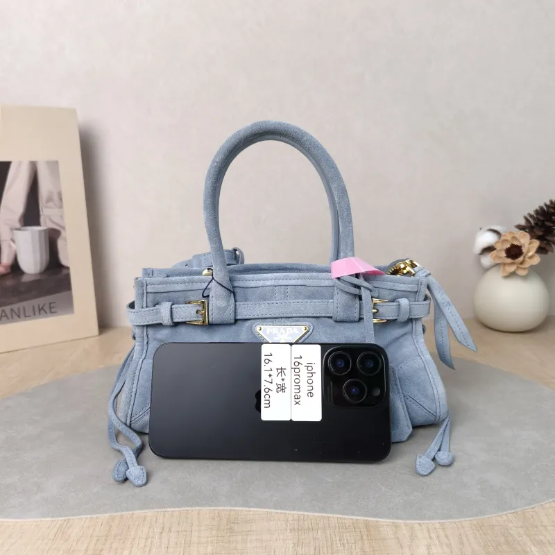 PRADA Top Handle Bag Bonnie Soft Lux Blue Suede Mini 23.5 × 9 × 12 cm — cover view 5 of 6