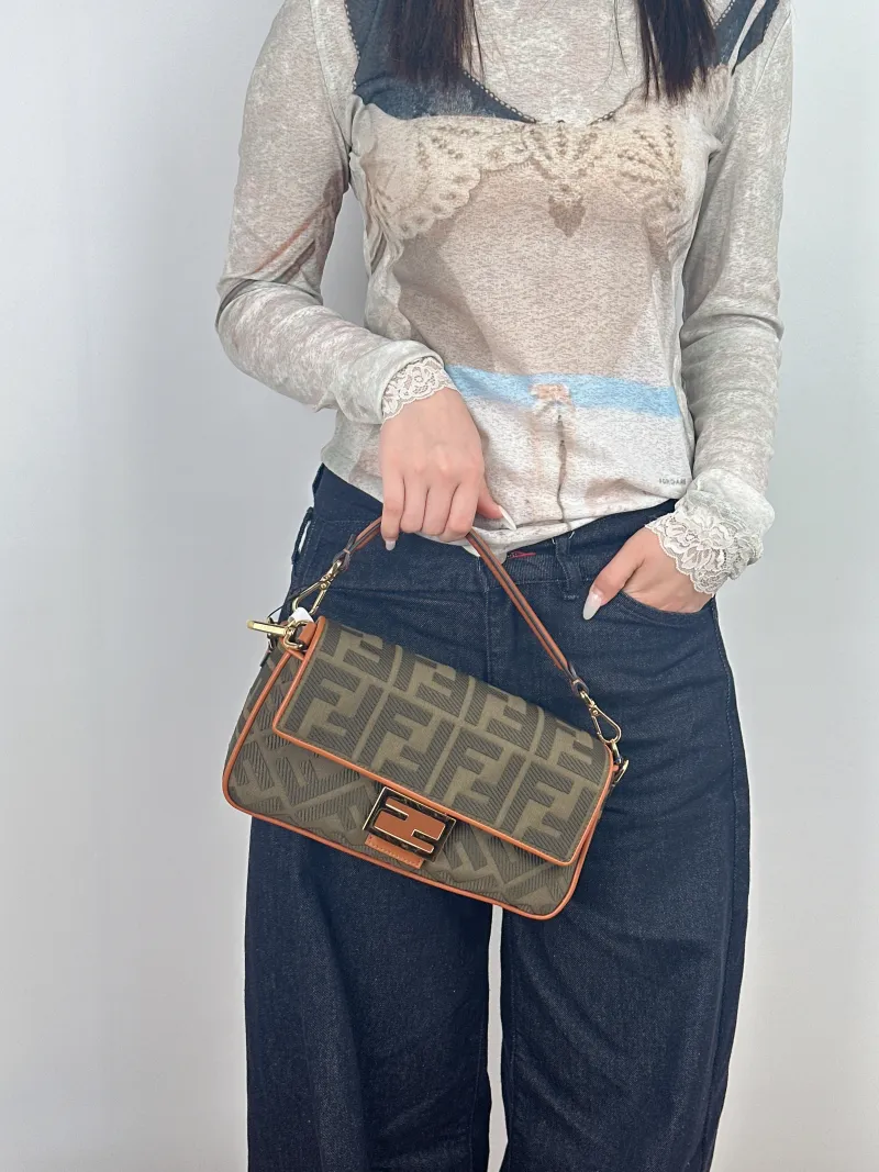 FENDI Crossbody Bag Baguette Baguette Bag Green Canvas Medium27 × 6 × 15 cm — on-model view 1 of 2