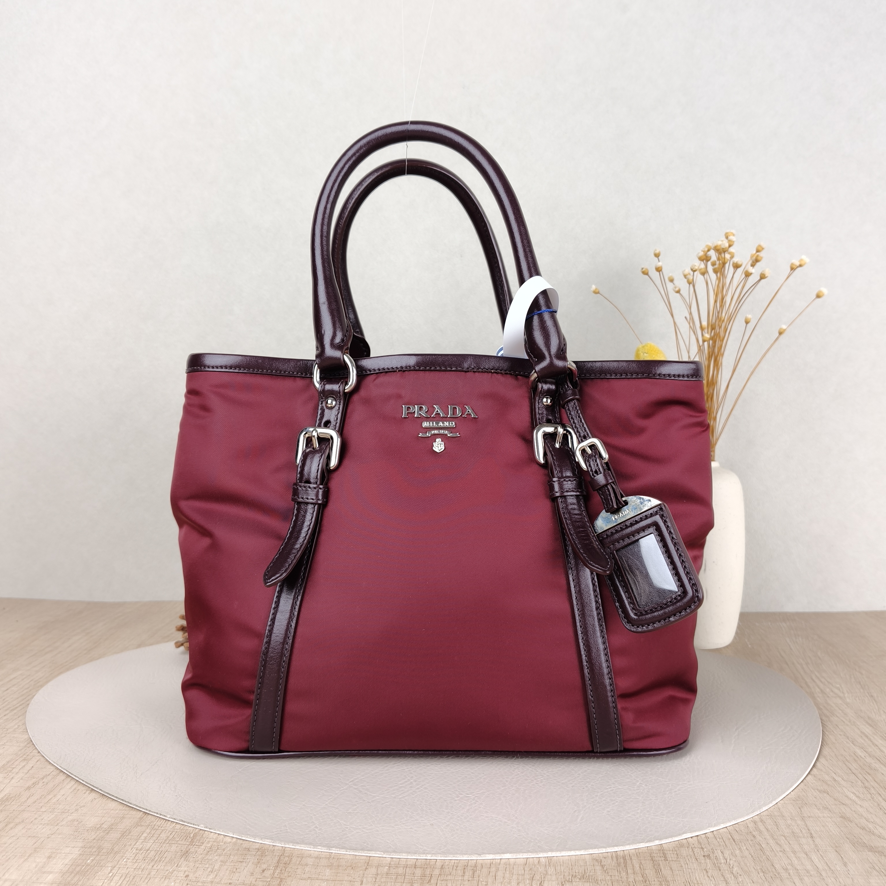 PRADA Top Handle Bag Tote Bag Burgundy Canvas， One Size28 × 16.5 × 23 cm