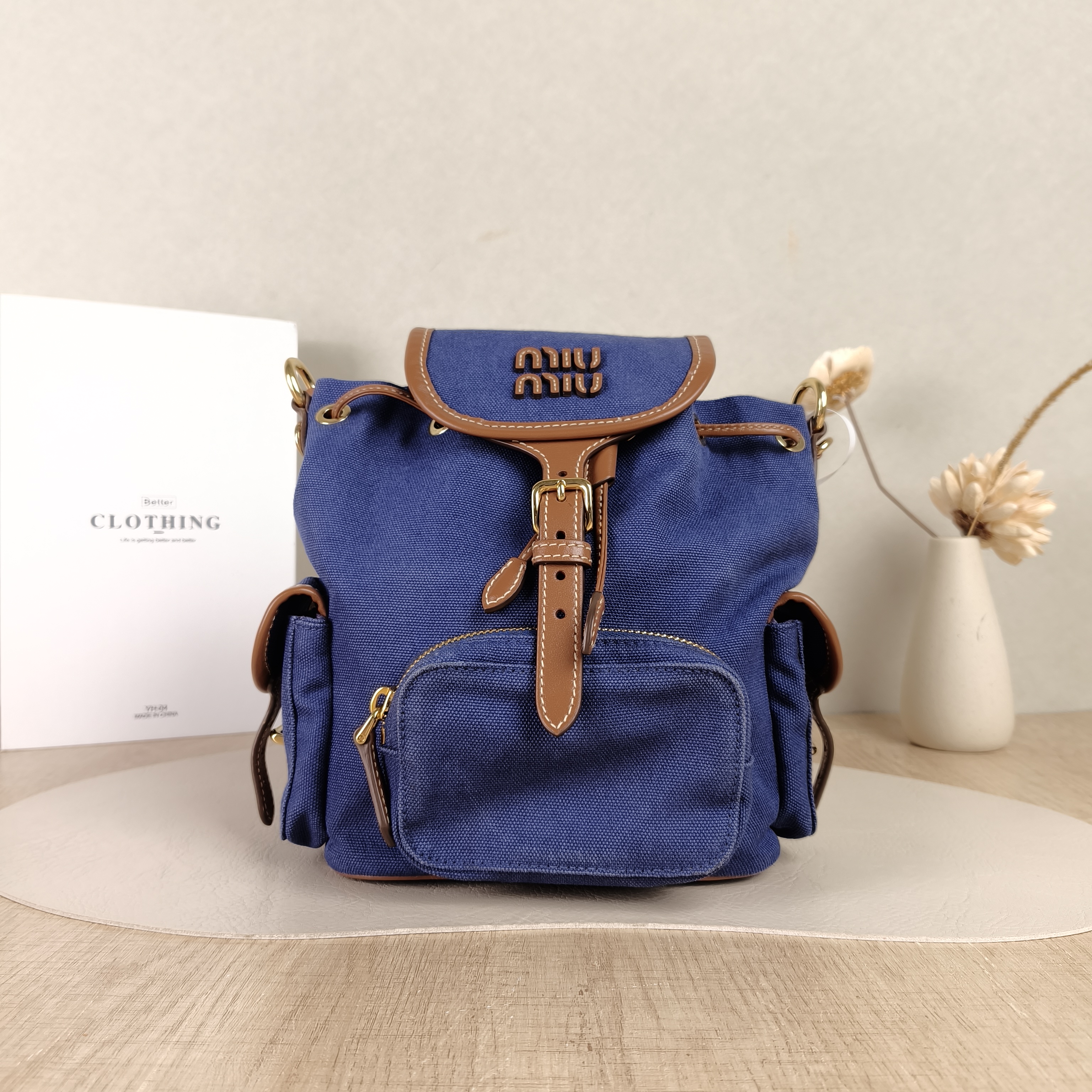 Miumiu Backpack Backpack Blue Canvas Medium18 × 11.5 × 22 cm