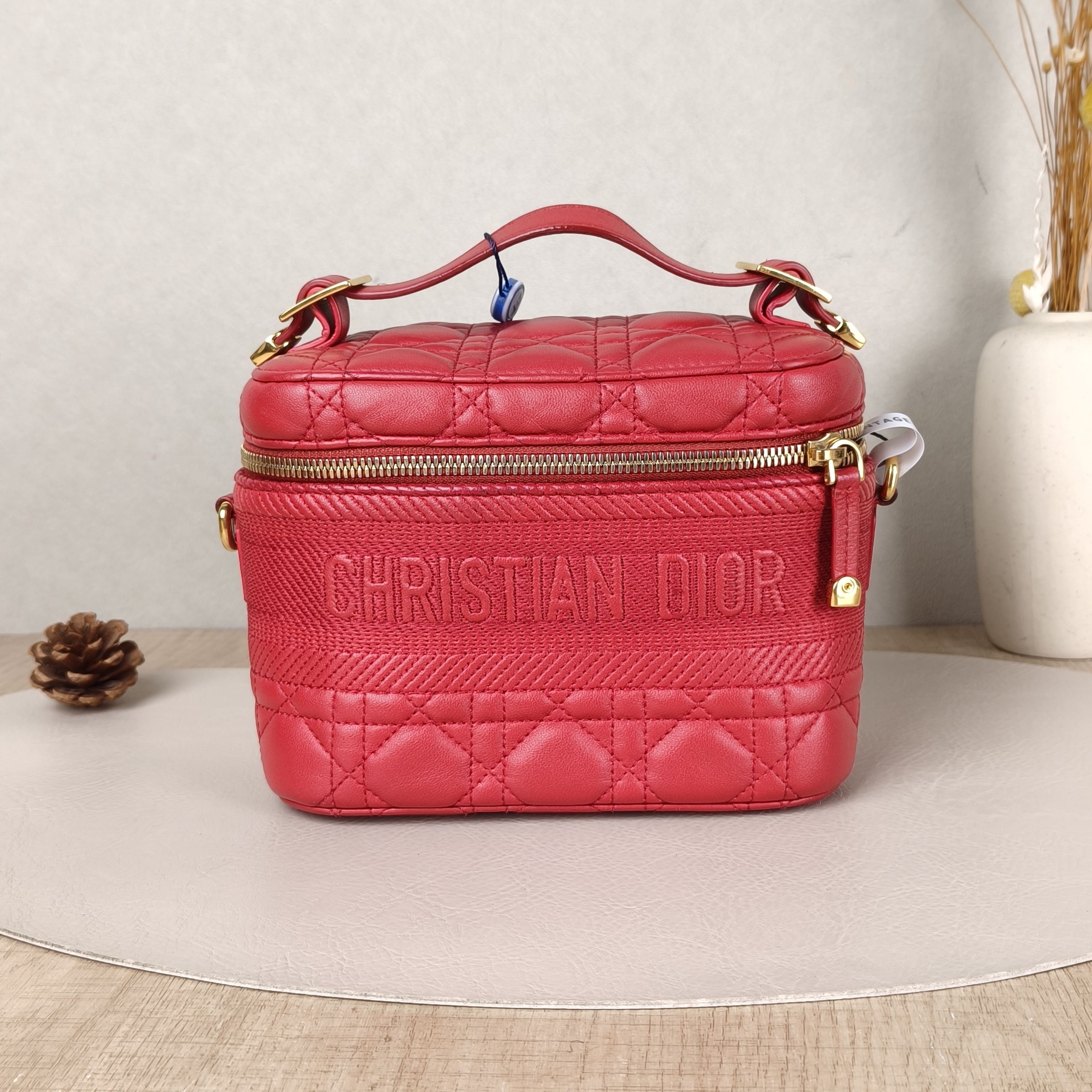 DIOR Top Handle Bag Travel Vanity Cosmetic Bag Red Lambskin Small18.5 × 10.5 × 13.5 cm