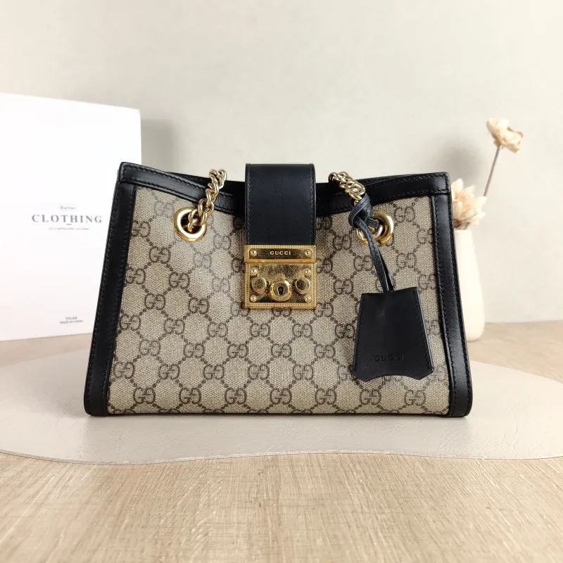 GUCCI Shoulder Bag Padlock Tote Black Monogram PVC Medium 26 × 10 × 18 cm