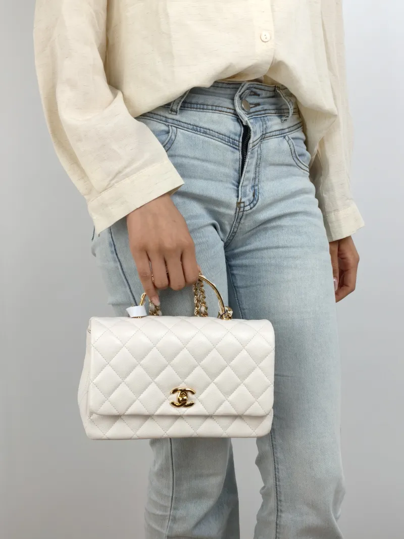 Chanel Crossbody Bag Handle White Grained Calfskin One Size 22 × 7 × 14 cm — on-model view 1 of 2