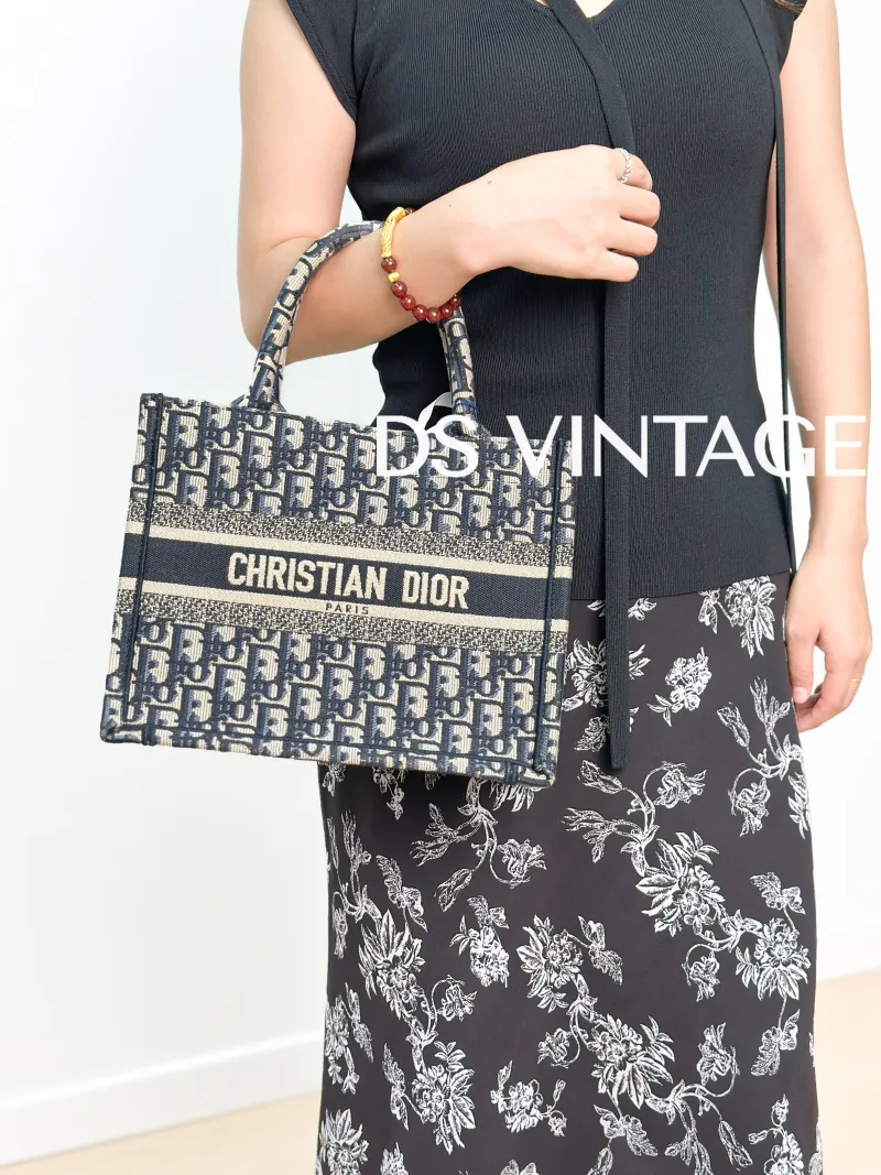 DIOR Top Handle Bag Book Tote Blue Canvas Small 26.5 × 14 × 22 cm — on-model view 2 of 3