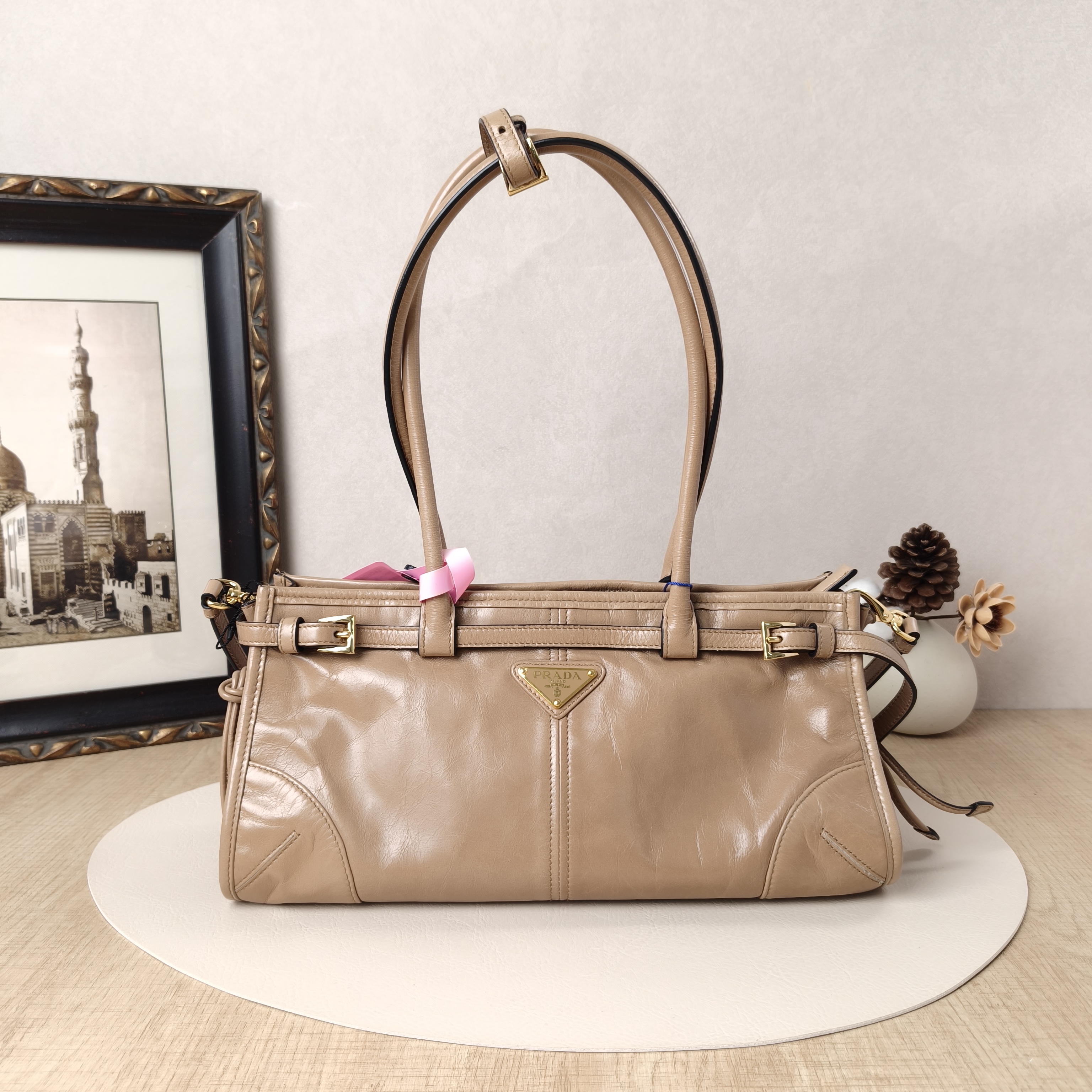 PRADA Shoulder Bag Bonnie Taupe Calfskin Medium32 × 12 × 15.5 cm