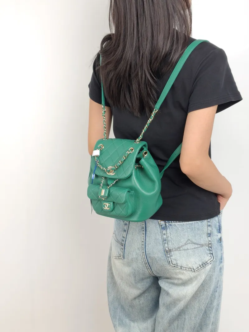 Chanel Backpack Duma Green Lambskin Small 18 × 12 × 18.5 cm — on-model view 2 of 3