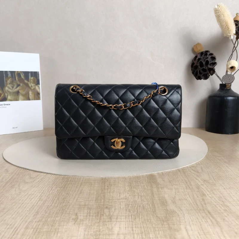 Chanel Crossbody Bag Classic Flap CF Black Calfskin Rose Gold Medium25.5 × 6.5 × 15.5 cm