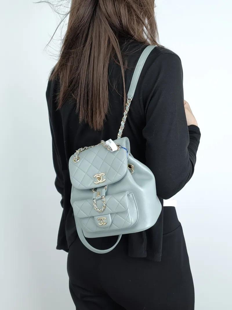 Chanel Backpack Duma Green Calfskin Small18 × 12 × 18.5 cm — on-model view 1 of 3