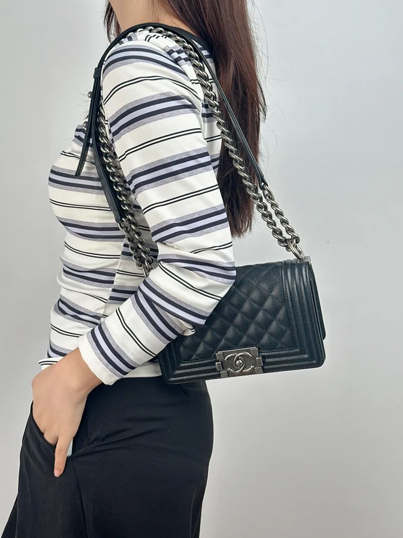 Chanel Crossbody Bag Le Boy​ Black Grained Calfskin Small 20.5 × 8.5 × 12 cm — on-model view 2 of 2