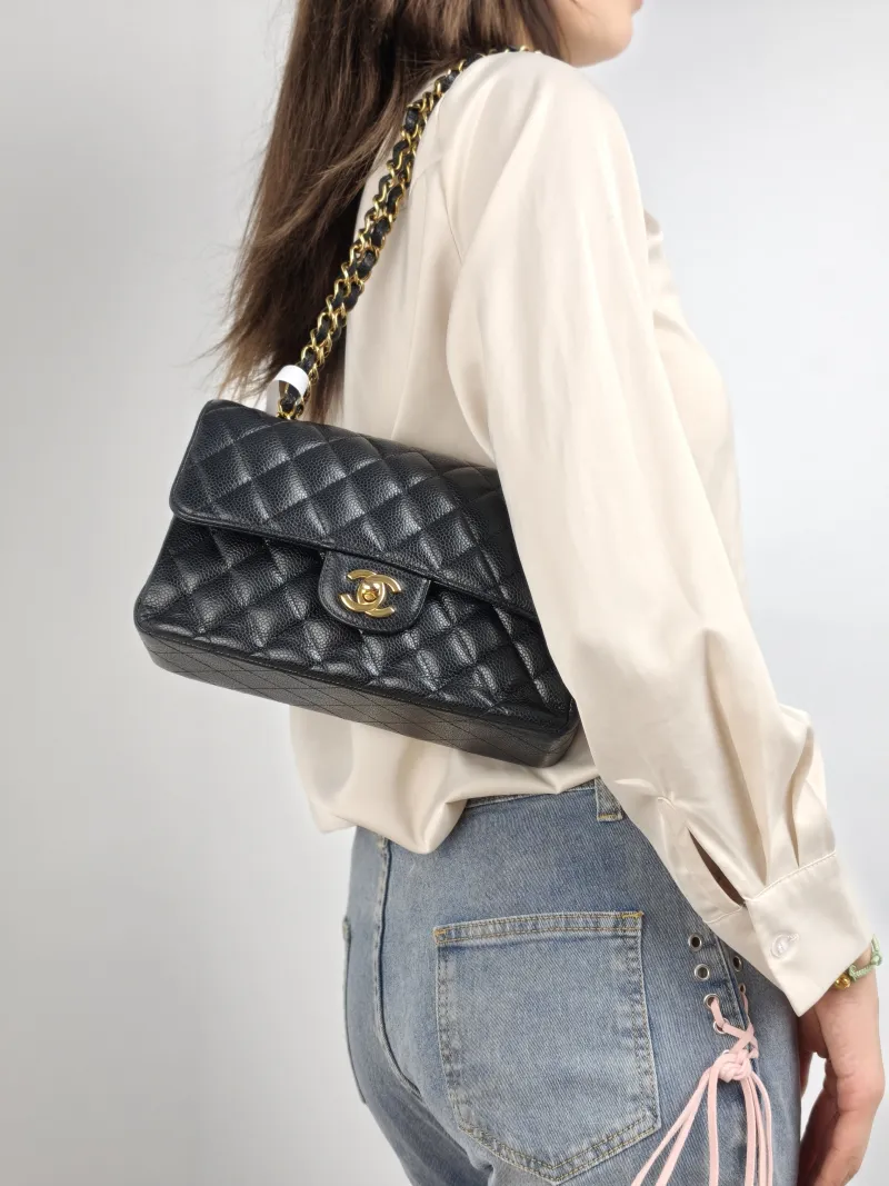 Chanel Crossbody Bag Classic Flap CF Black Grained Calfskin Small 23 × 6 × 14.5 cm — on-model view 2 of 2