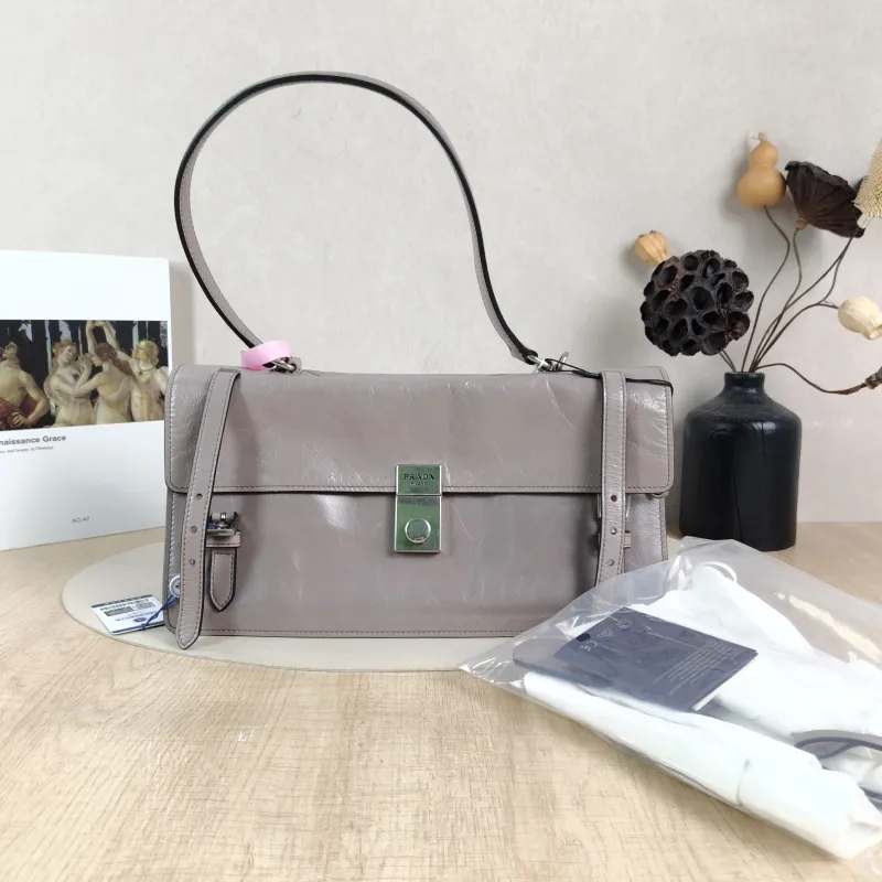 PRADA Shoulder Bag Shoulder Bag Grey Waxed Leather Calfskin One Size 32 × 10 × 17 cm — detail view 3 of 15