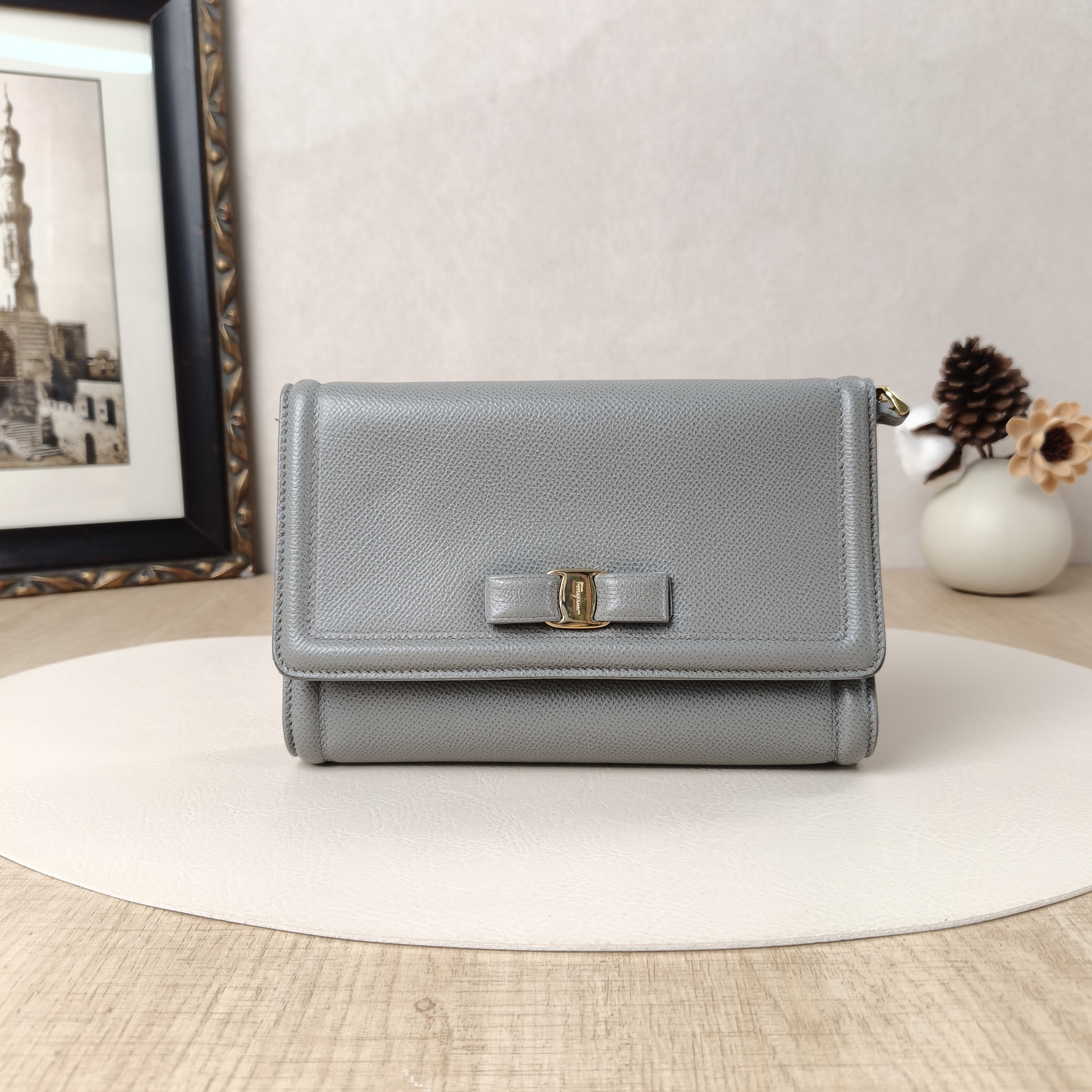 FERRAGAMO Crossbody Bag Chain Bag Grey Calfskin 20 × 3.5 × 13.5 cm