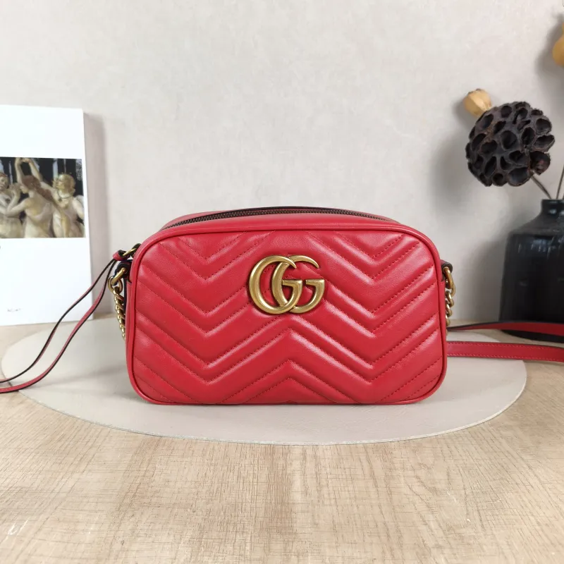 GUCCI Crossbody Bag GG Marmont Marmont Camera Bag Red Calfskin Small 24 × 7 × 13 cm