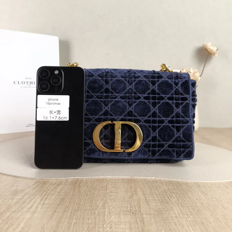 DIOR Crossbody Bag Caro Chain Bag Blue Velvet Medium 25.5 × 9 × 15.5 cm — cover view 4 of 5
