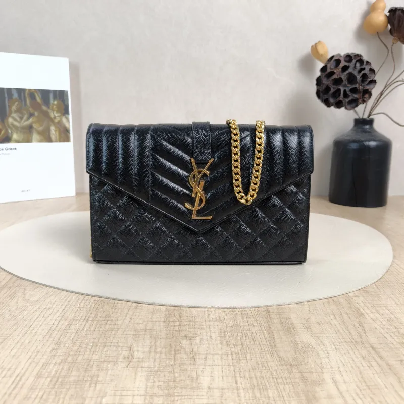 SAINT LAURENT Crossbody Bag ENVELOPE Black Grained Calfskin Small21 × 6 × 13 cm