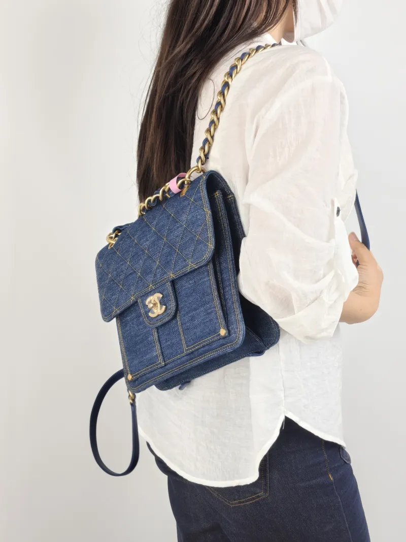 Chanel Backpack Backpack Blue One Size 25 × 6 × 22 cm — on-model view 1 of 3