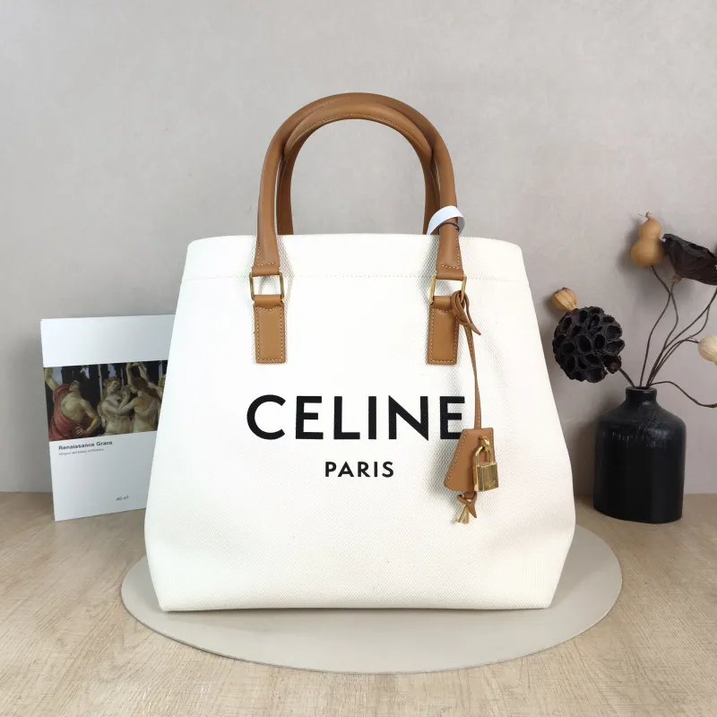 CELINE Top Handle Bag cabas logo tote White Canvas Large 34 × 20 × 33 cm
