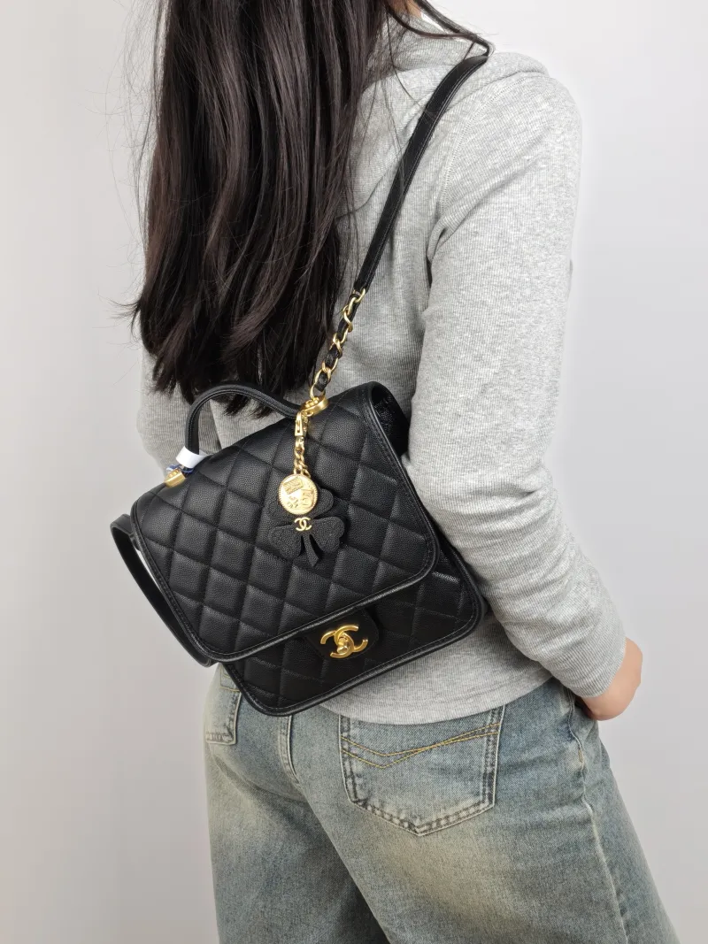 Chanel Backpack Backpack Black Grained Calfskin One Size 22 × 7 × 19.5 cm — on-model view 2 of 3