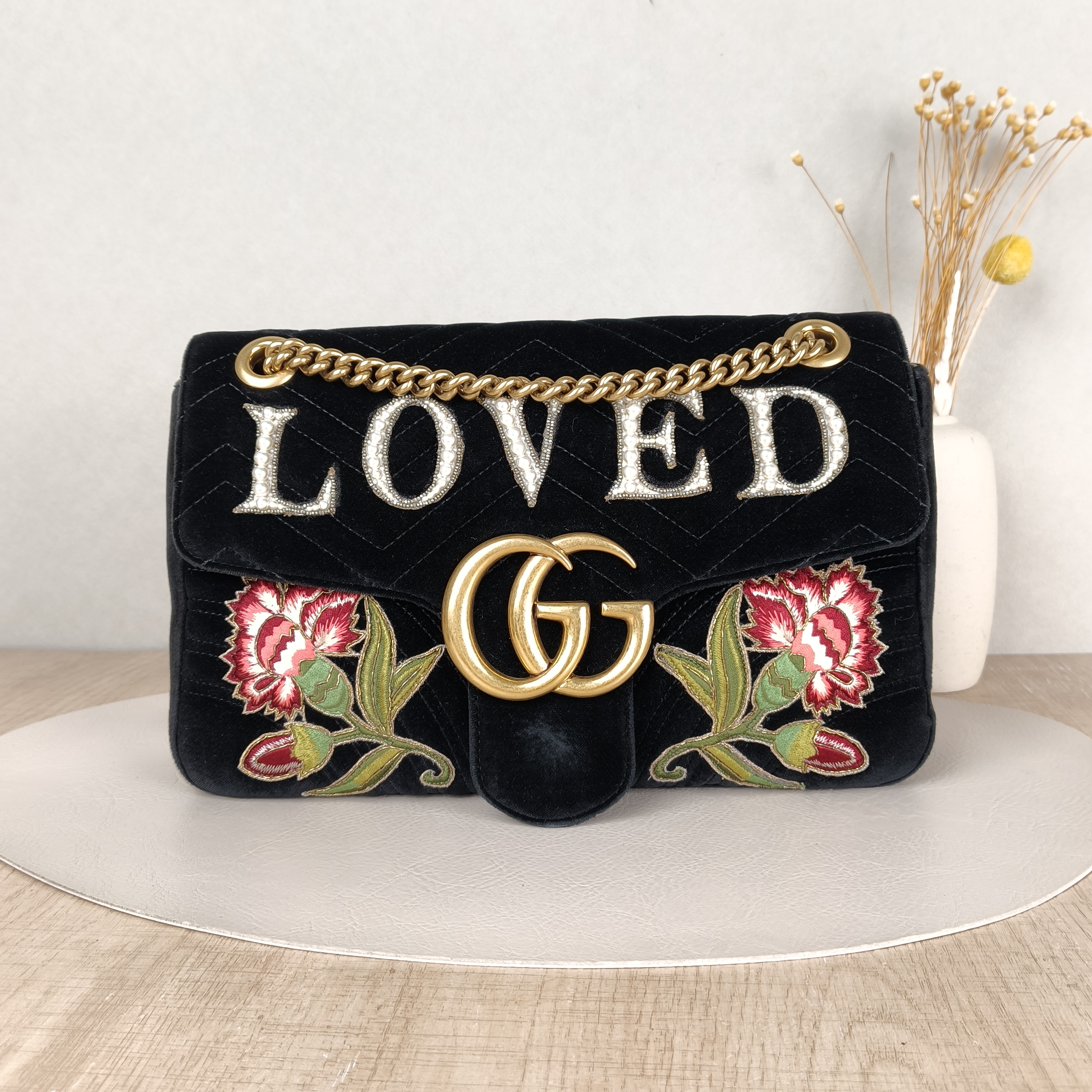 GUCCI Crossbody Bag GG Marmont Marmont 31Pearl Embroidered Black Velvet Large31 × 7 × 19 cm