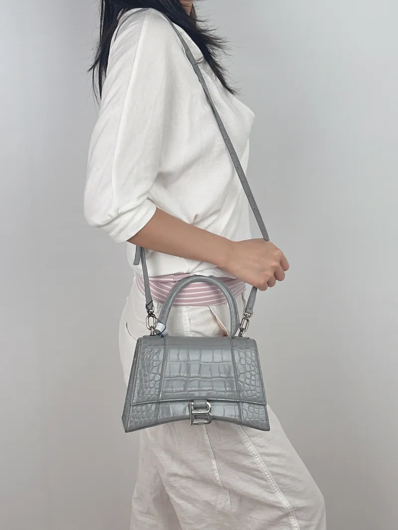 BALENCIAGA Crossbody Bag Hourglass Hourglass Bag Grey Calfskin Small 23 × 10 × 14 cm — on-model view 2 of 3
