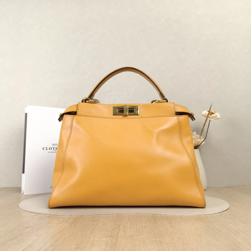 FENDI Top Handle Bag Peekaboo Brown Calfskin Medium 33.5 × 13 × 25.5 cm
