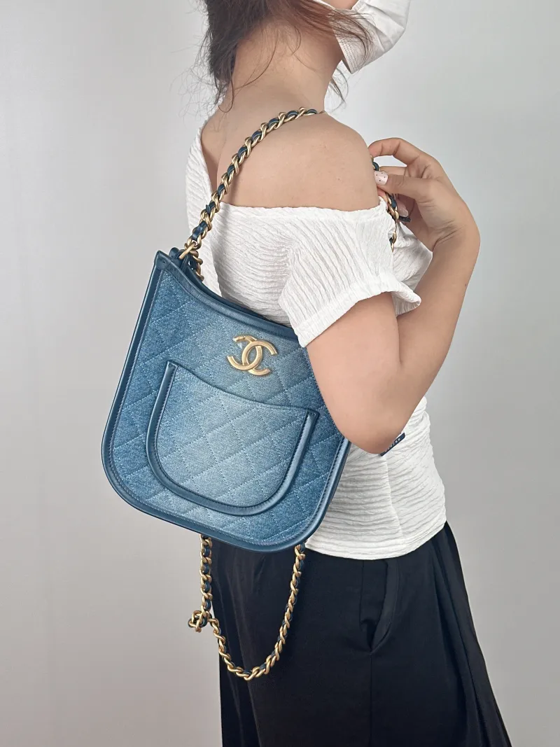 Chanel Crossbody Bag Hobo Blue One Size 22 × 6 × 24 cm — on-model view 1 of 2
