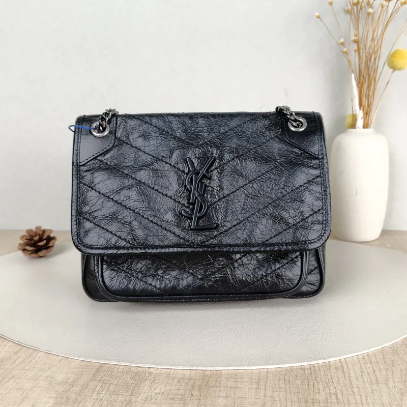 SAINT LAURENT Crossbody Bag Niki Black Waxed Leather Calfskin Small 21 × 7.5 × 16 cm