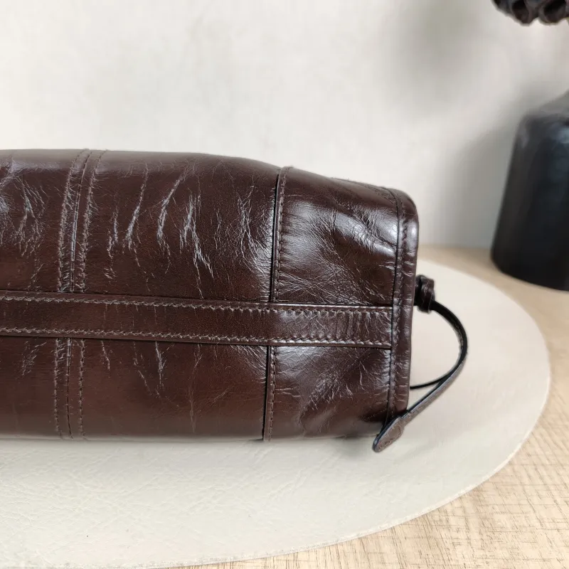 PRADA Top Handle Bag Bonnie Soft Lux Brown Waxed Leather Mini 23.5 × 9 × 12 cm — detail view 8 of 13