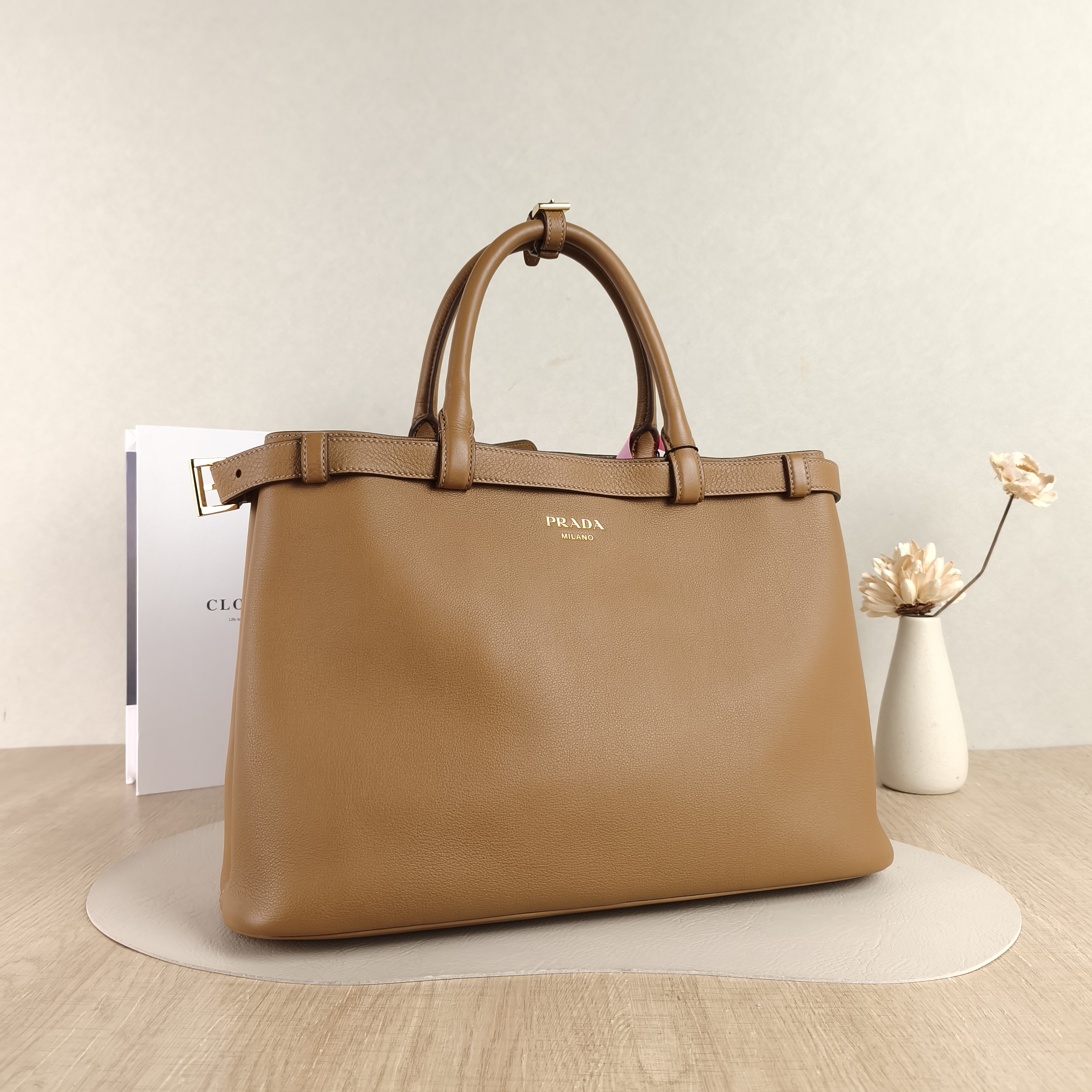 PRADA Shoulder Bag Buckle Tote Bag Caramel Calfskin Medium35 × 14 × 25 cm — cover view 3 of 5