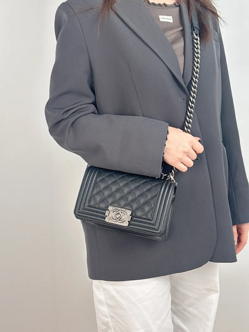 Chanel Crossbody Bag Le Boy​ Black Grained Calfskin Small 20.5 × 8.5 × 12 cm — on-model view 2 of 2