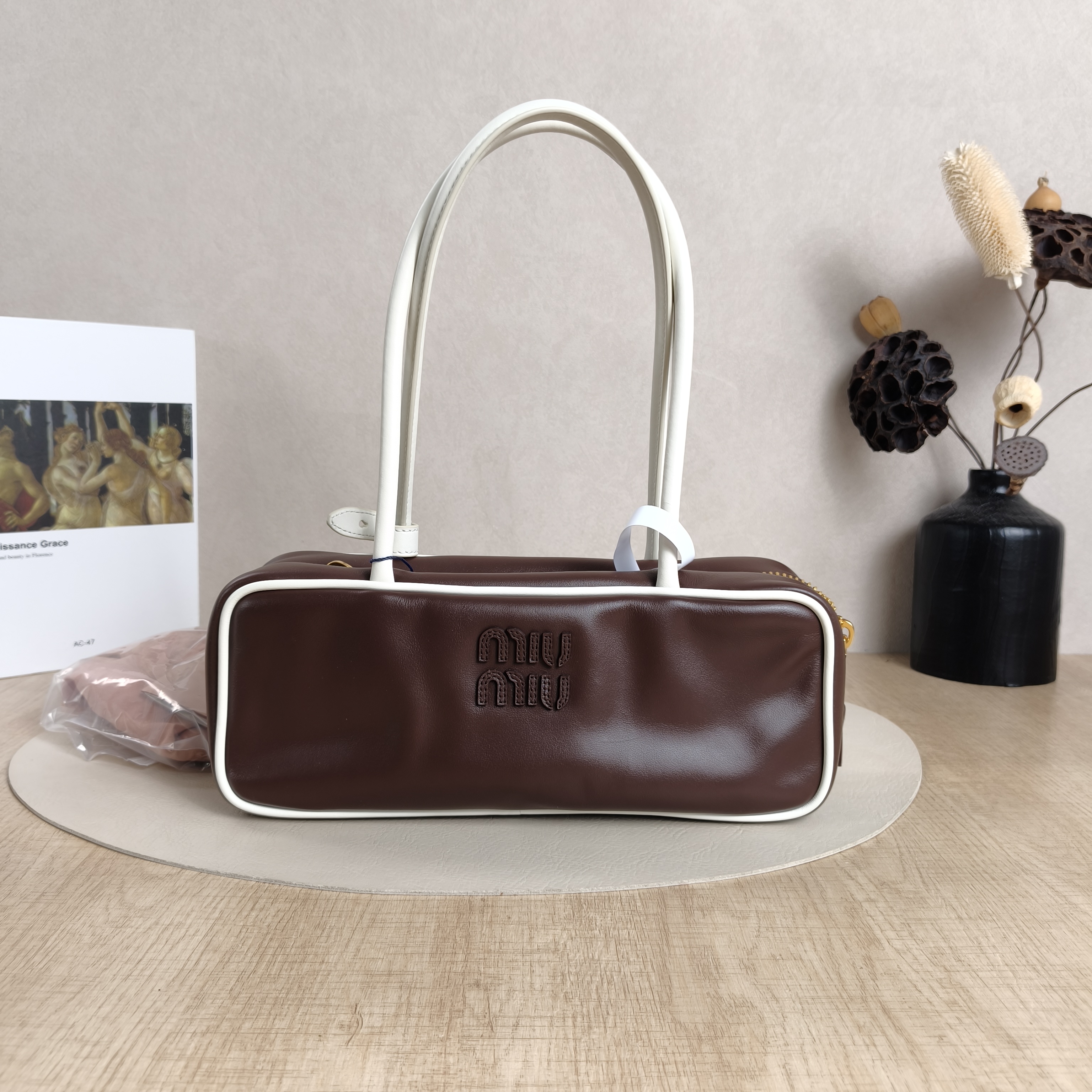Miumiu Top Handle Bag Beau Brown White Calfskin 28 × 8 × 11.5 cm — cover view 11 of 11