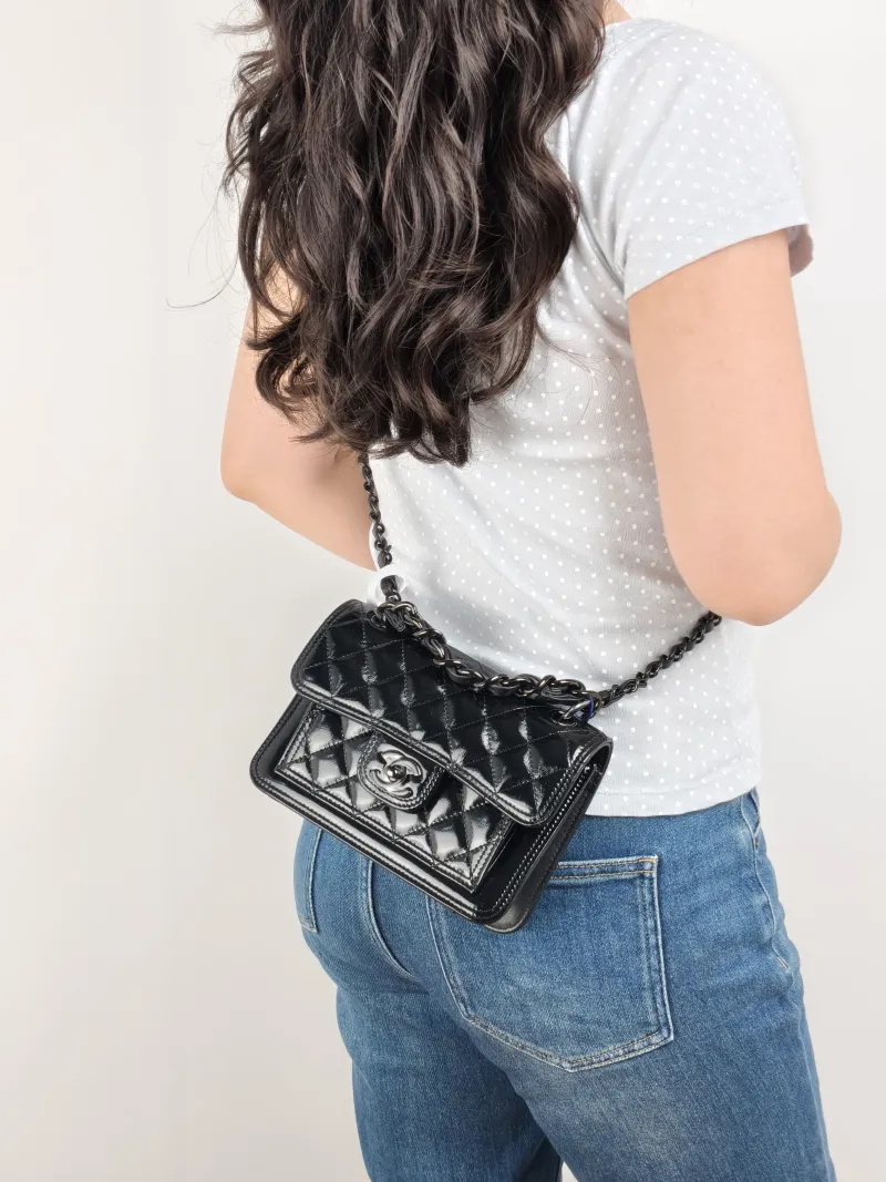 Chanel Crossbody Bag 23s Messenger Bag Black Waxed Leather Mini 19.5 × 6 × 13 cm — on-model view 3 of 3