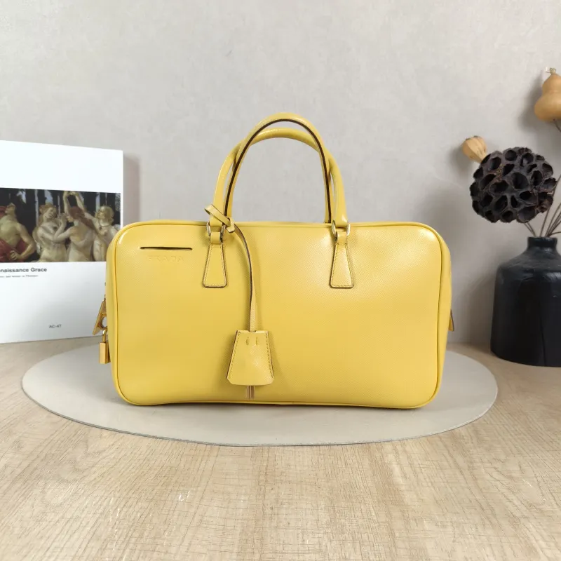 PRADA Top Handle Bag Vintage Yellow Calfskin One Size 28 × 6 × 17 cm