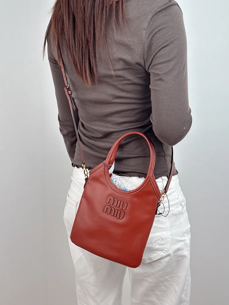 Miumiu Shoulder Bag IVY Tote Shopping Tote Caramel Calfskin Mini 20*24 — on-model view 2 of 2