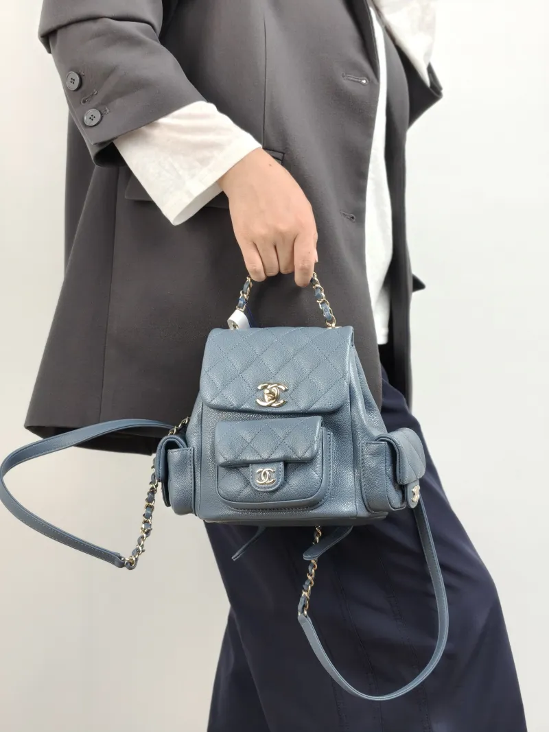 Chanel Backpack duma Blue Grained Calfskin Small 18 × 9.5 × 19 cm — on-model view 1 of 2