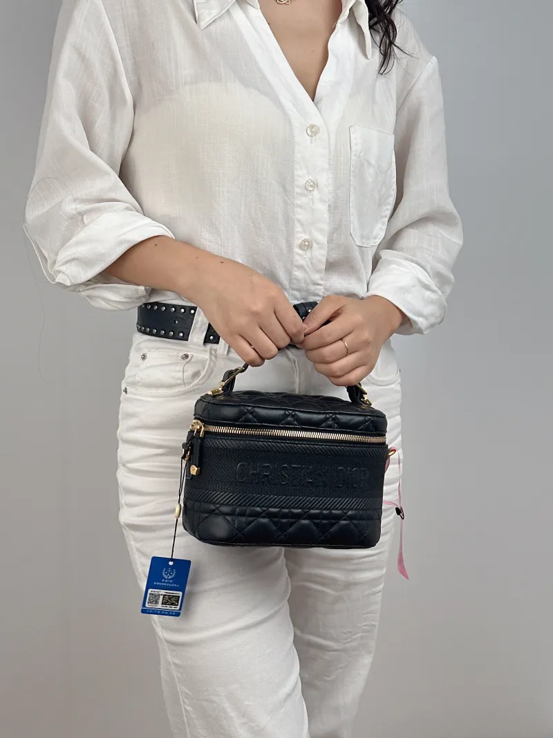 DIOR Top Handle Bag Travel Vanity Cosmetic Bag Black Lambskin Canvas 18.5 × 10 × 14 cm — on-model view 2 of 2