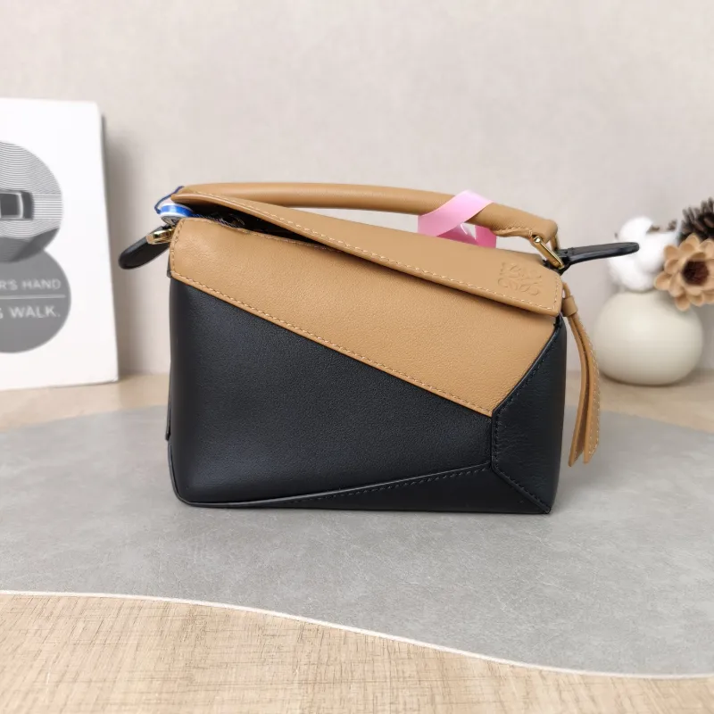 LOEWE Crossbody Bag Puzzle Black Brown Calfskin Mini 18 × 8 × 12.5 cm